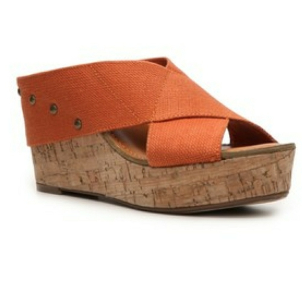 CROWN VINTAGE • y2k orange canvas cotton studded cork wedge sandals 10